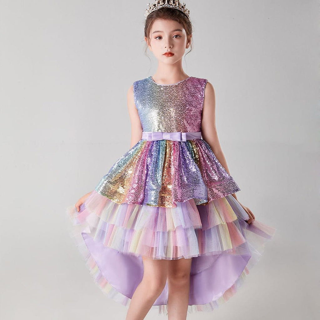 Girls Sequins Tiered High-Low Hem Party Dress