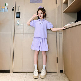 Girls Puff Sleeves Top With Overlap Skirt Set Sets Purple 3-4 Y 