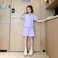 Girls Puff Sleeves Top With Overlap Skirt Set Sets Purple 3-4 Y 