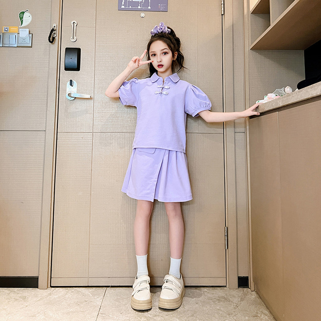 Girls Puff Sleeves Top With Overlap Skirt Set