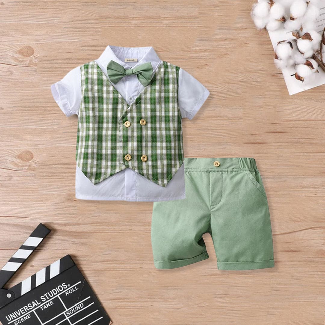 Boys Shirt with Shorts & Checkered Waistcoat Set 3 pc. Sets Green 1-2 Y 