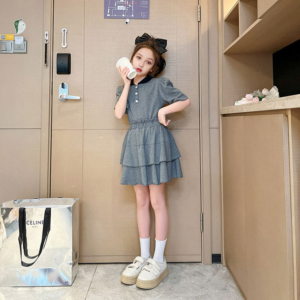 Girls Gray Polo Neck T-Shirt With Elasticated Skirt Set Sets   