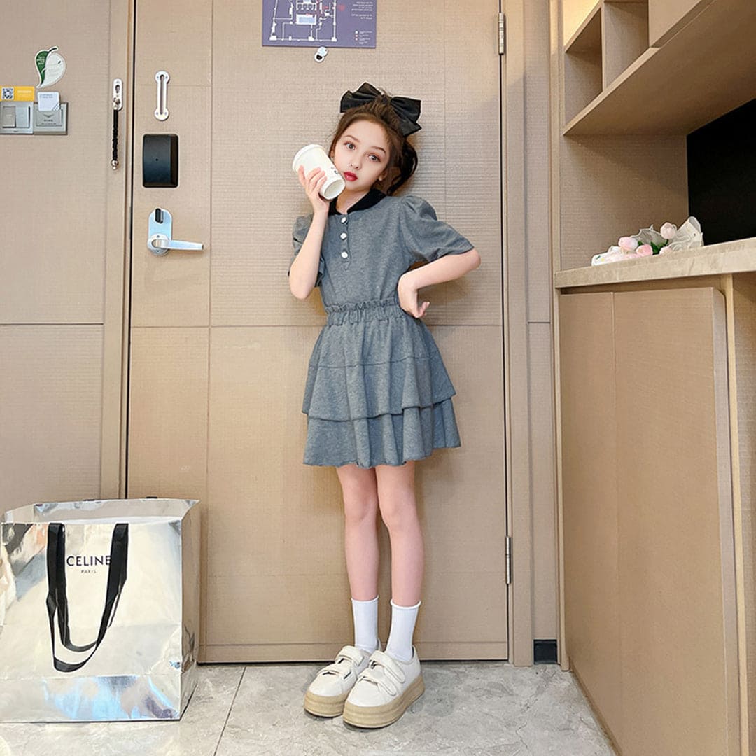 Girls Gray Polo Neck T-Shirt With Elasticated Skirt Set Sets   