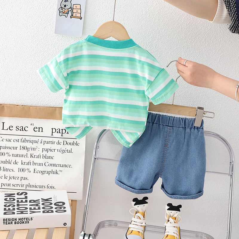 Boys Astronaut Badge Stripes T-Shirt & Denim Shorts Sets   