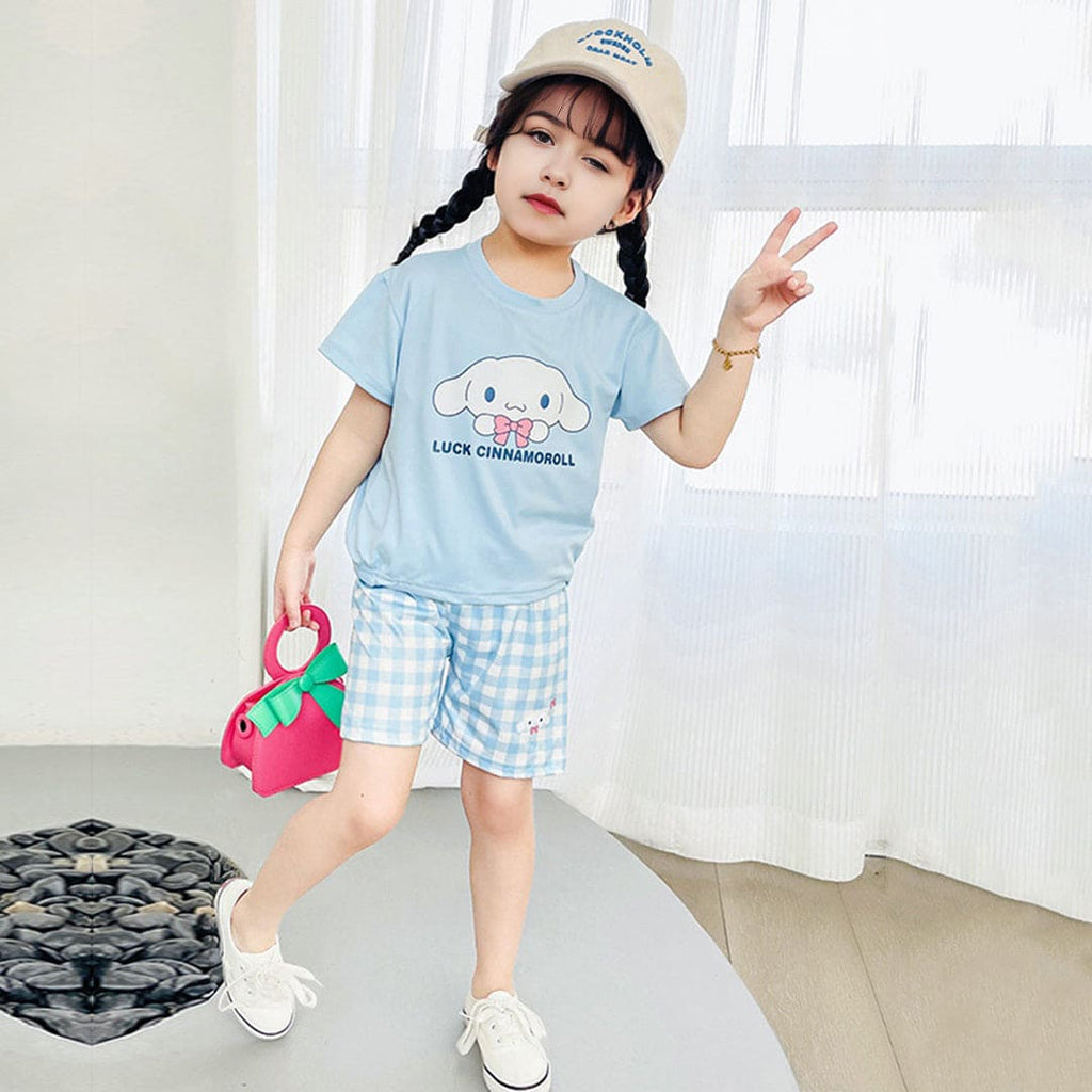 Girls Cartoon Graphic Top With Checked Shorts sets   