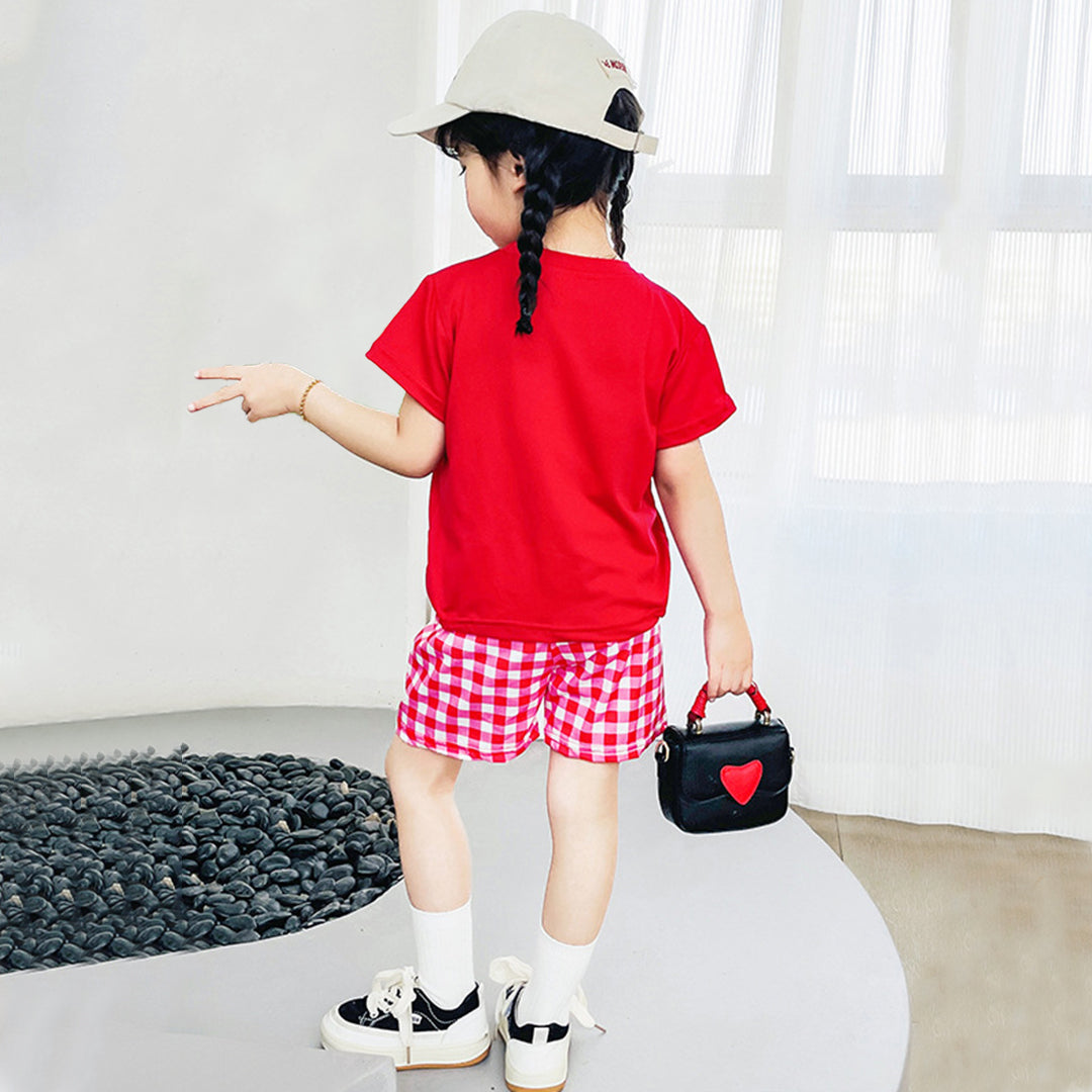 Girls Cartoon Graphic Top With Checked Shorts sets   