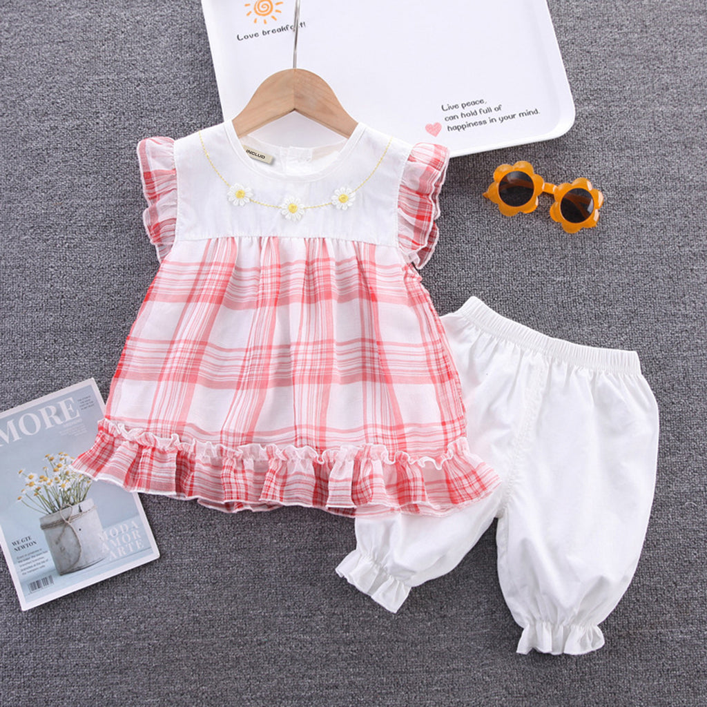 Girls Check Dress With Pants Sets Red 1-2 Y 