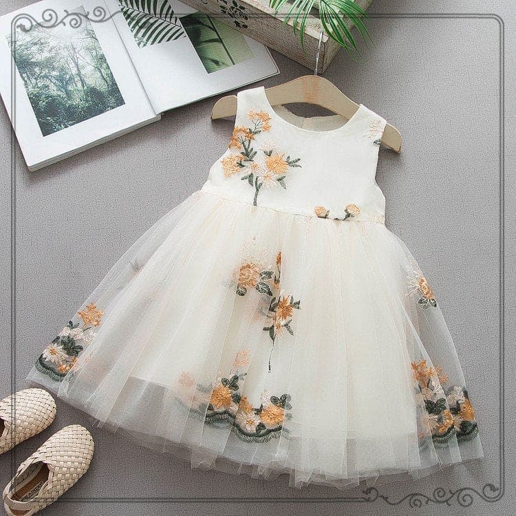 Girls Beige Tulle Overlay Dress with Embroidery Casual Dresses Beige 1-2 Y 