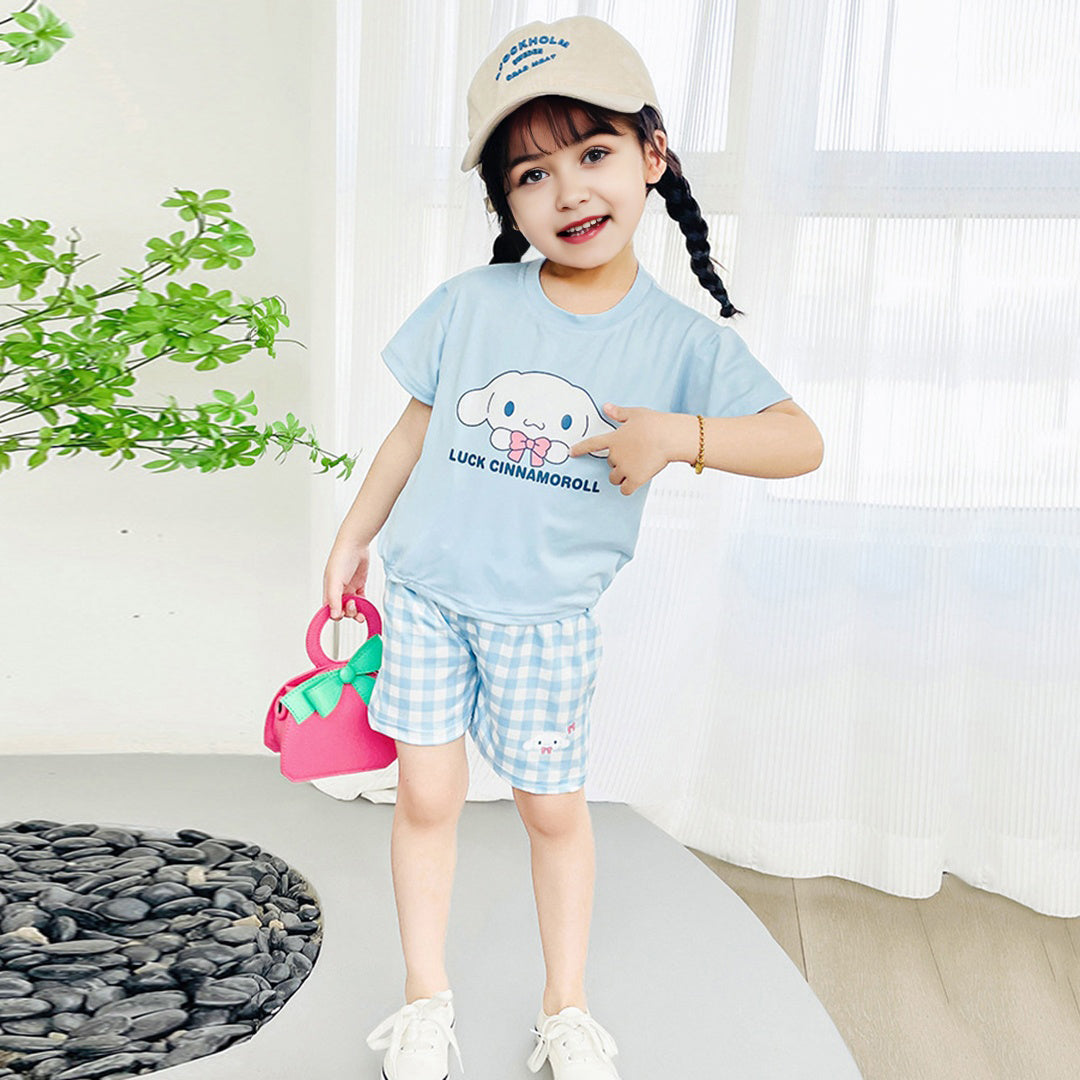 Girls Cartoon Graphic Top With Checked Shorts sets   