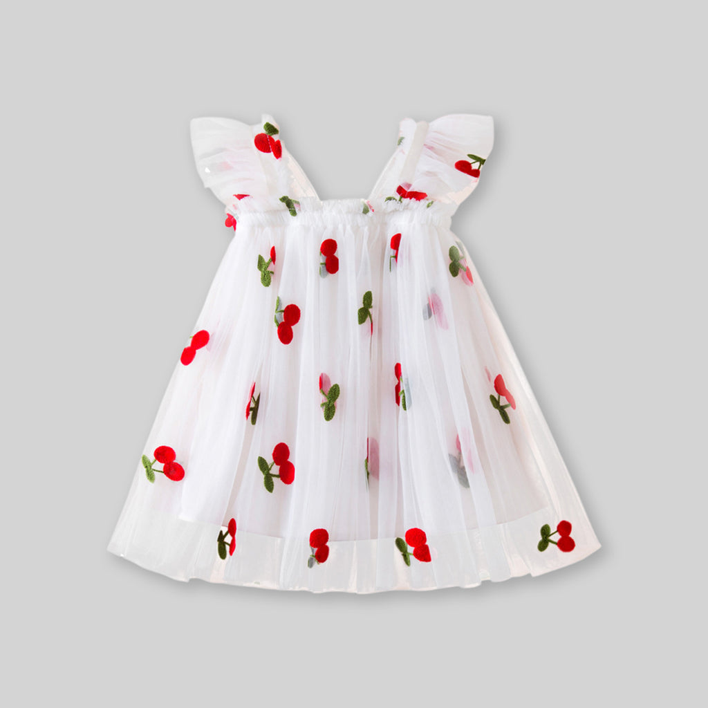 Girls Cherry Print Mesh Dress Casual Dresses White 1-2 Y 