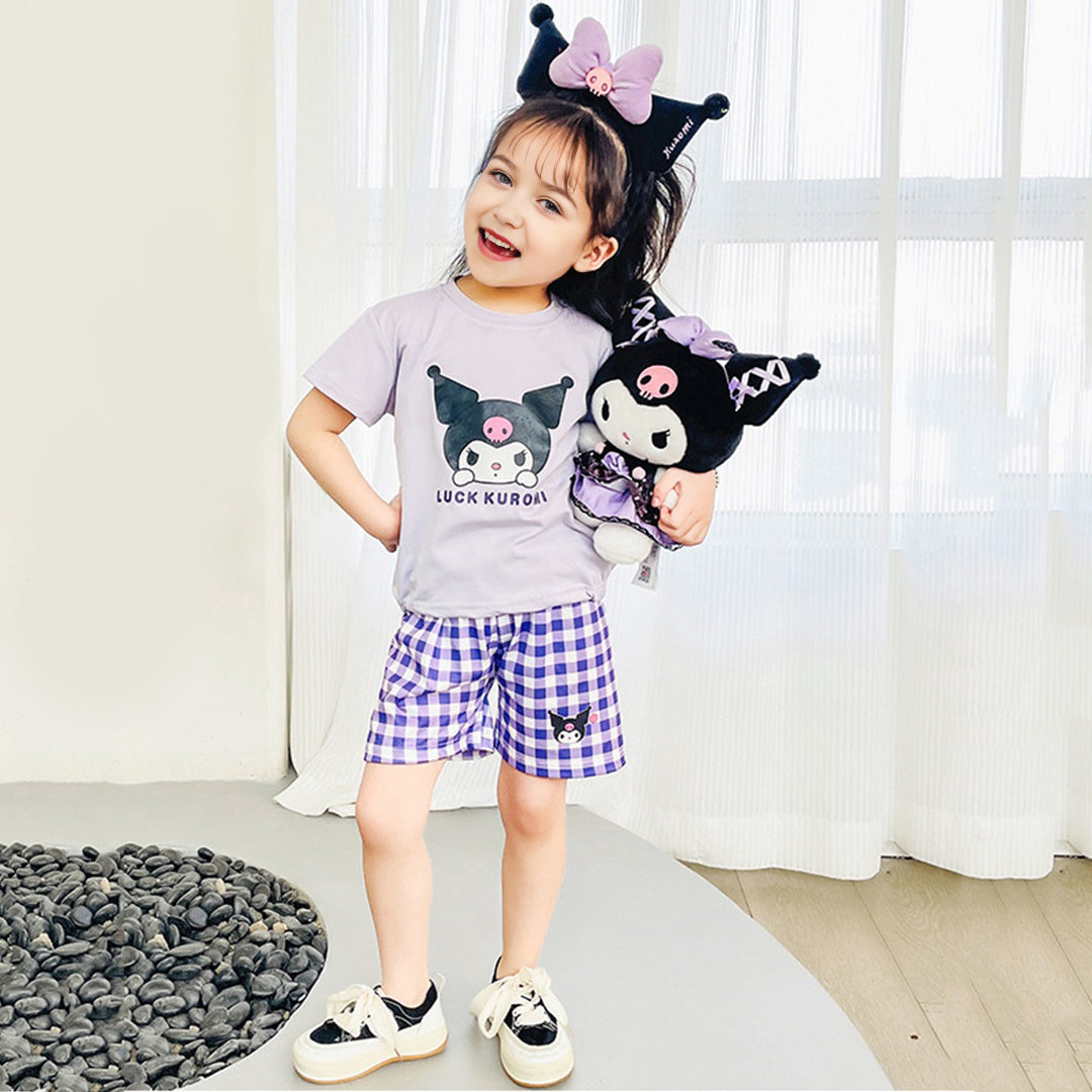 Girls Cartoon Graphic Top With Checked Shorts sets   