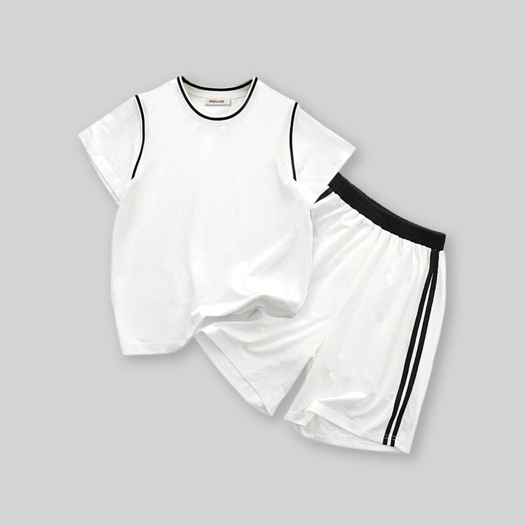 Girls White Color-blocked Short Sleeves T-Shirt With Shorts Set Sports Sets White 1-2 Y 