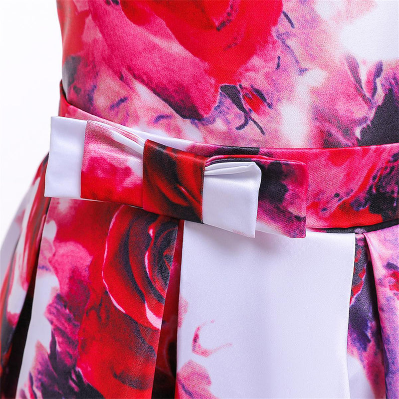 Girls Floral Print Pleated Gown Party Dresses   