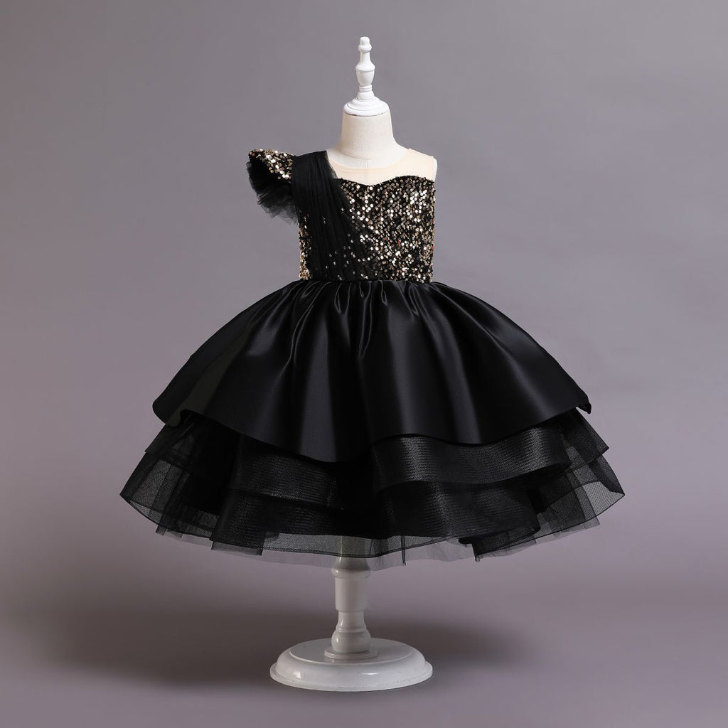 Girls Off-Shoulder Sequins Tiered Party Dress Casual Dresses Black 1-2 Y 