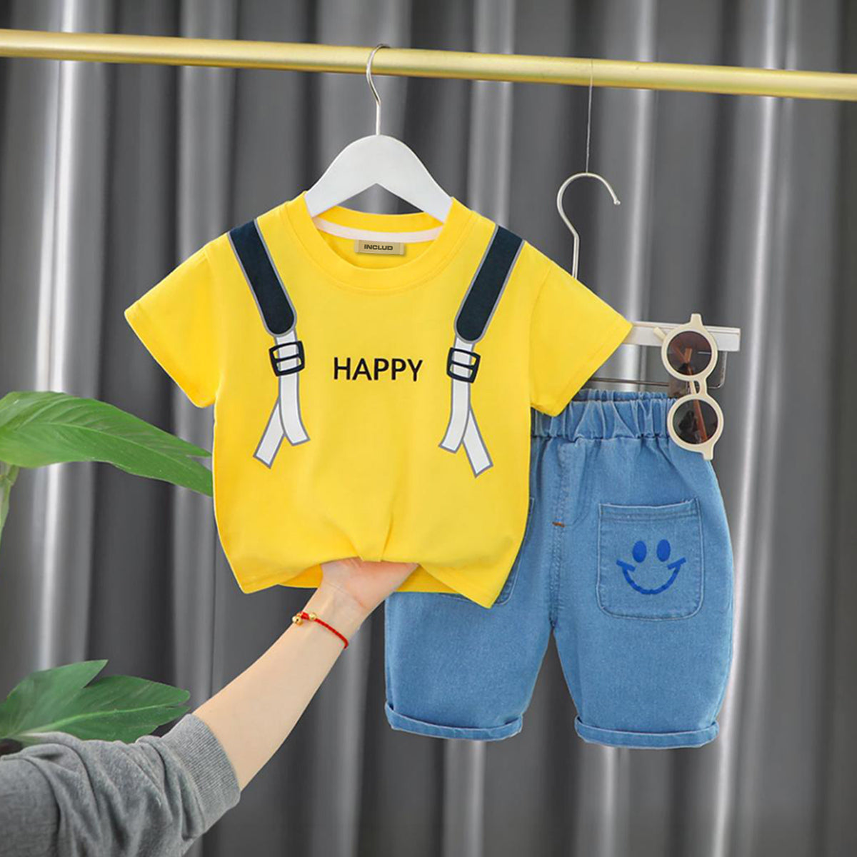 Boys Printed T-shirt with Denim Shorts Set Sets Yellow 1-2 Y