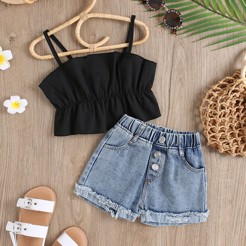 Girls Black Sleeveless Crop Top With Denim Shorts Set Sets Black 1-2 Y 