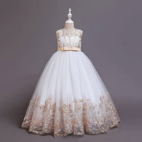 Girls Embroidered Tulle Gown Casual Dresses Beige 5-6 Y 