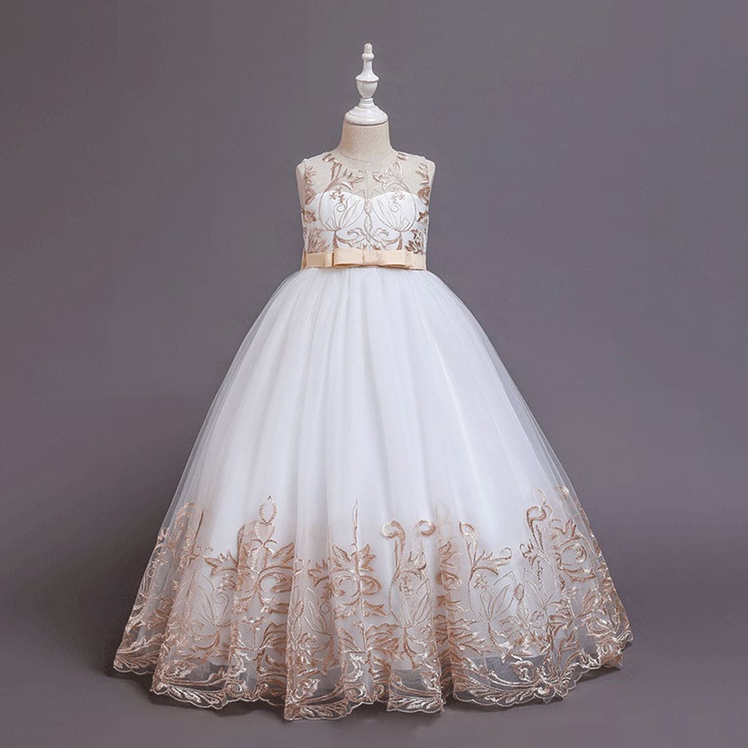 Girls Embroidered Tulle Gown Casual Dresses Beige 5-6 Y 