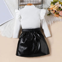 Girls White High Neck Top With Faux Leather Skirt Set Sets   