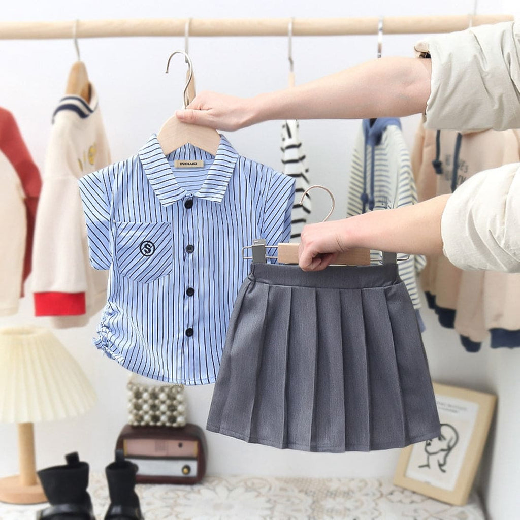 Girls Short Sleeve Striped Shirt With Pleated Skirt 2 pc. Sets Blue 1-2 Y 