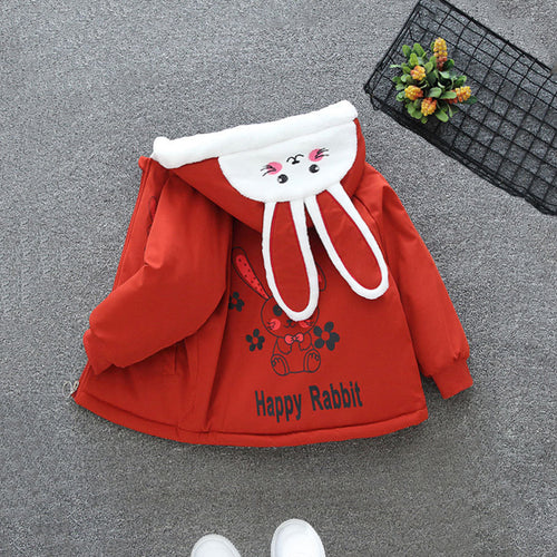 Girls Red Hooded Rabbit Ear Jacket With Inner Lining Coats & Jackets