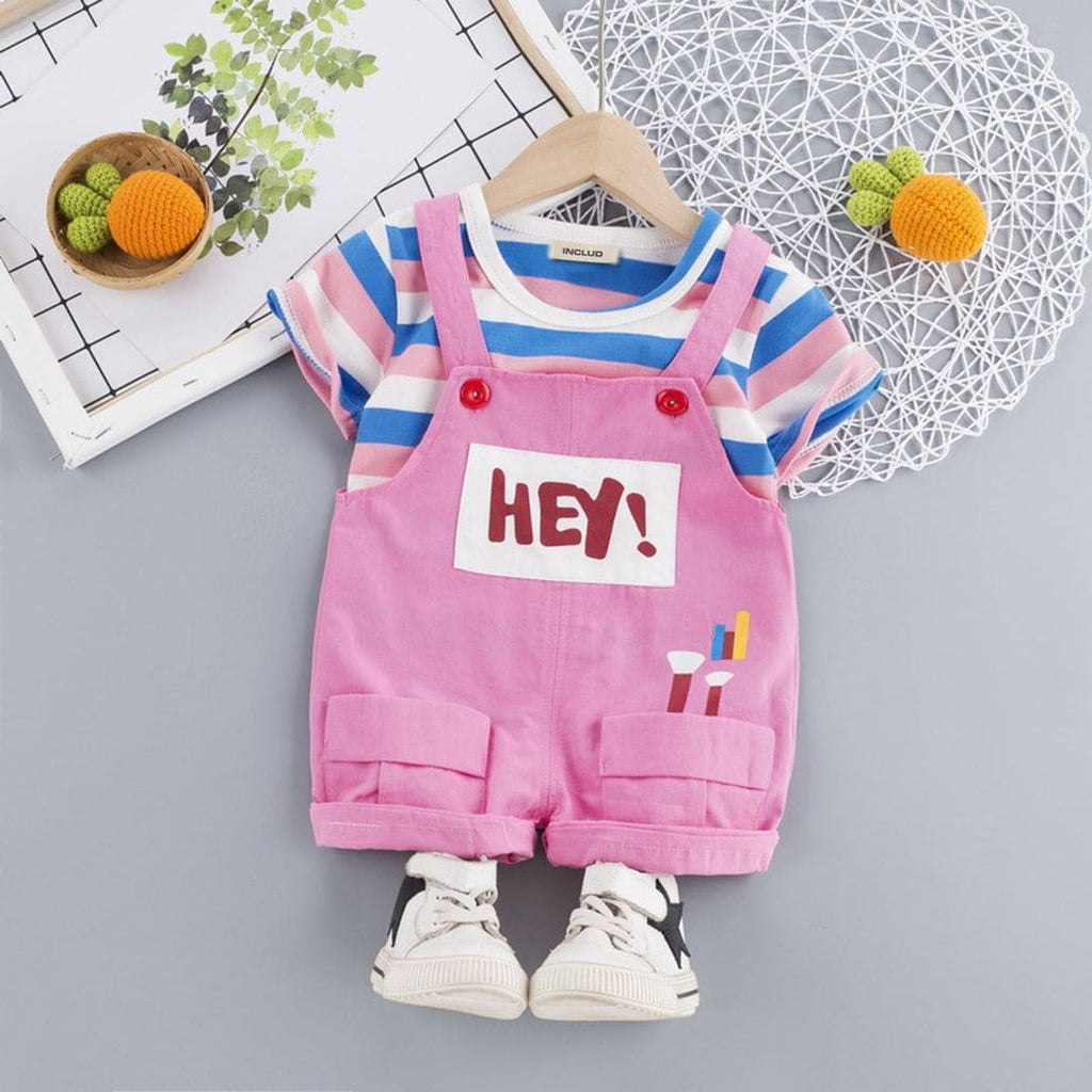 Girls Striped T-shirt With Dungaree Set