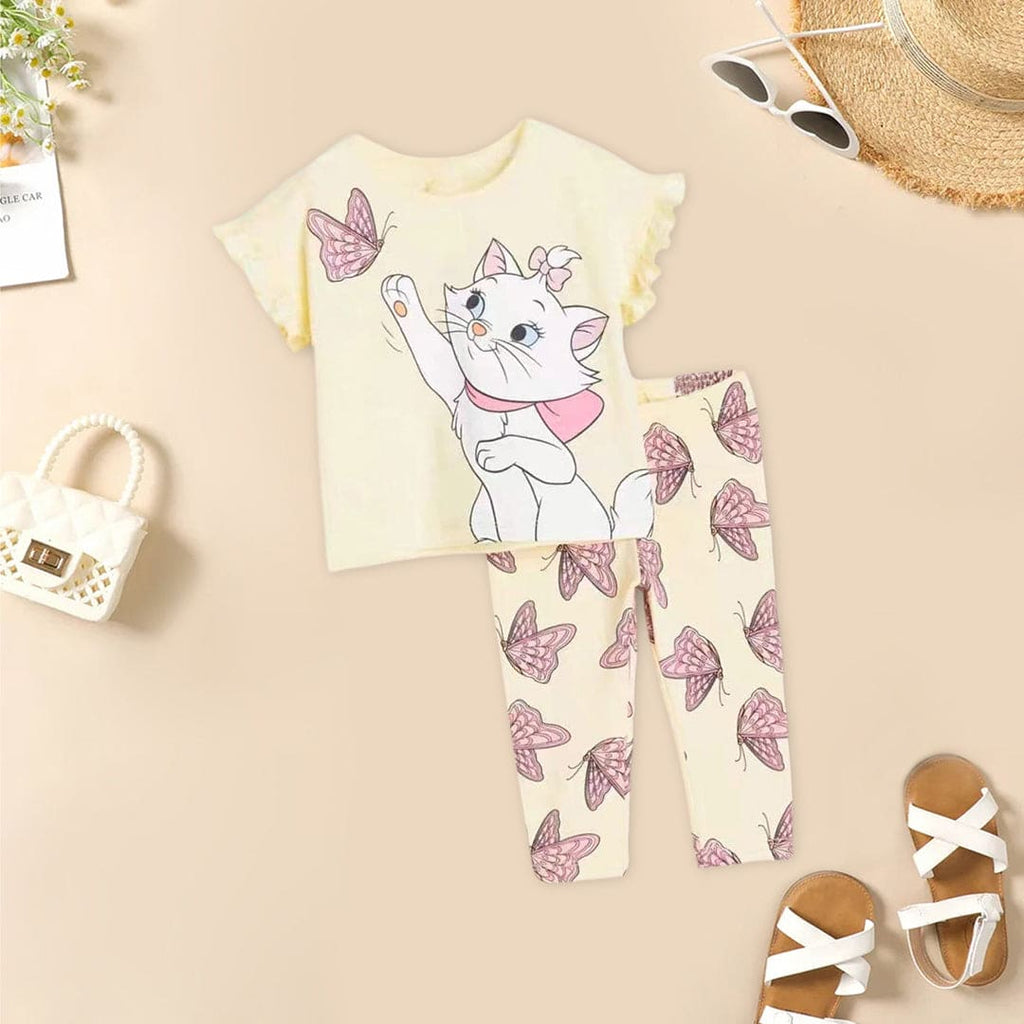 Girls Cat Print Top With Butterfly Printed Pants