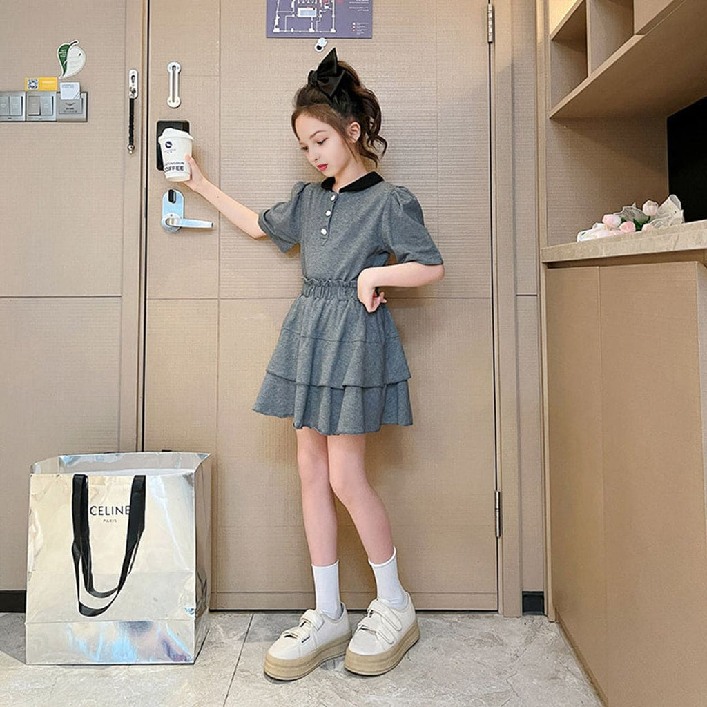 Girls Gray Polo Neck T-Shirt With Elasticated Skirt Set Sets   