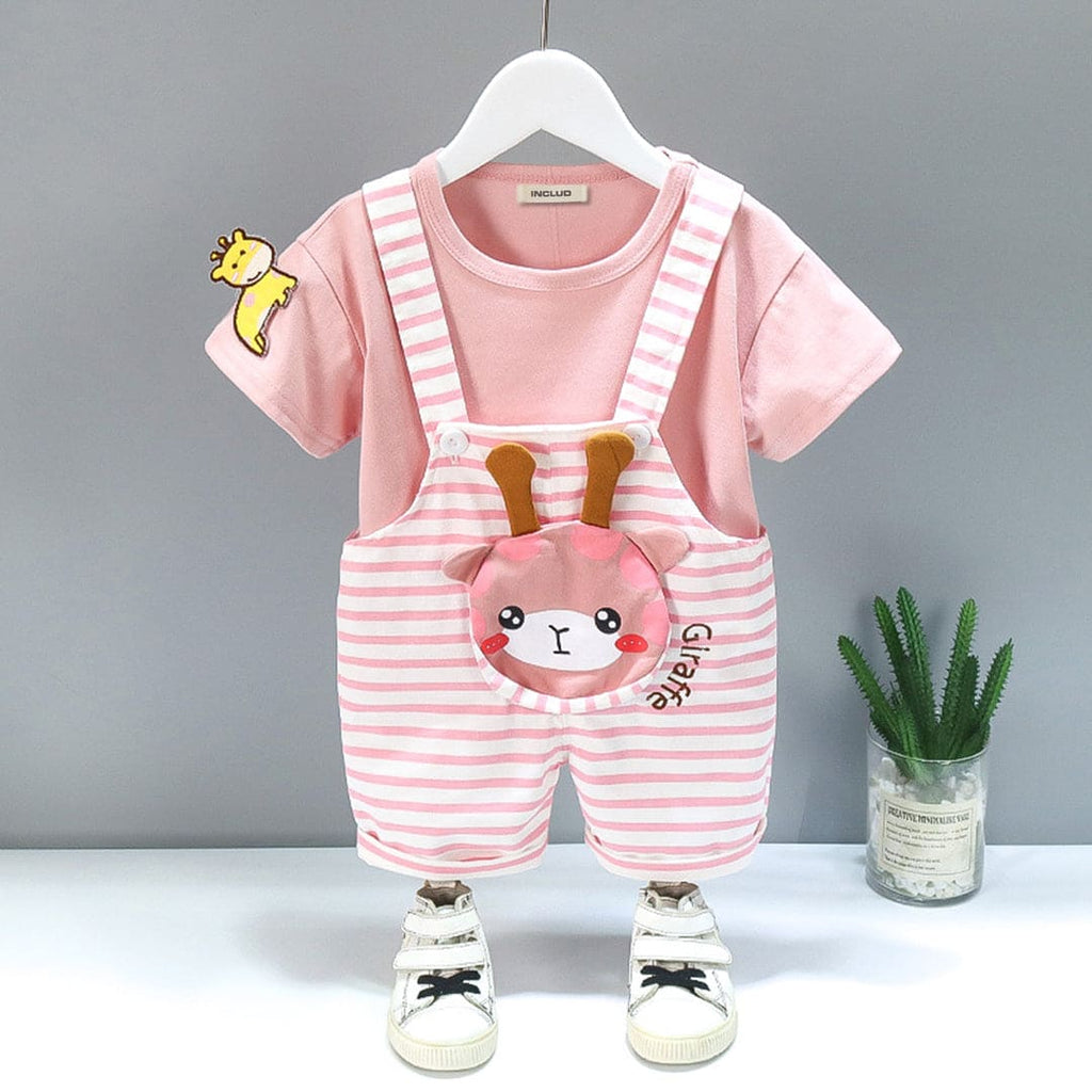 Girls Striped Dungaree with T-shirt Set Sets Pink 1-2 Y 