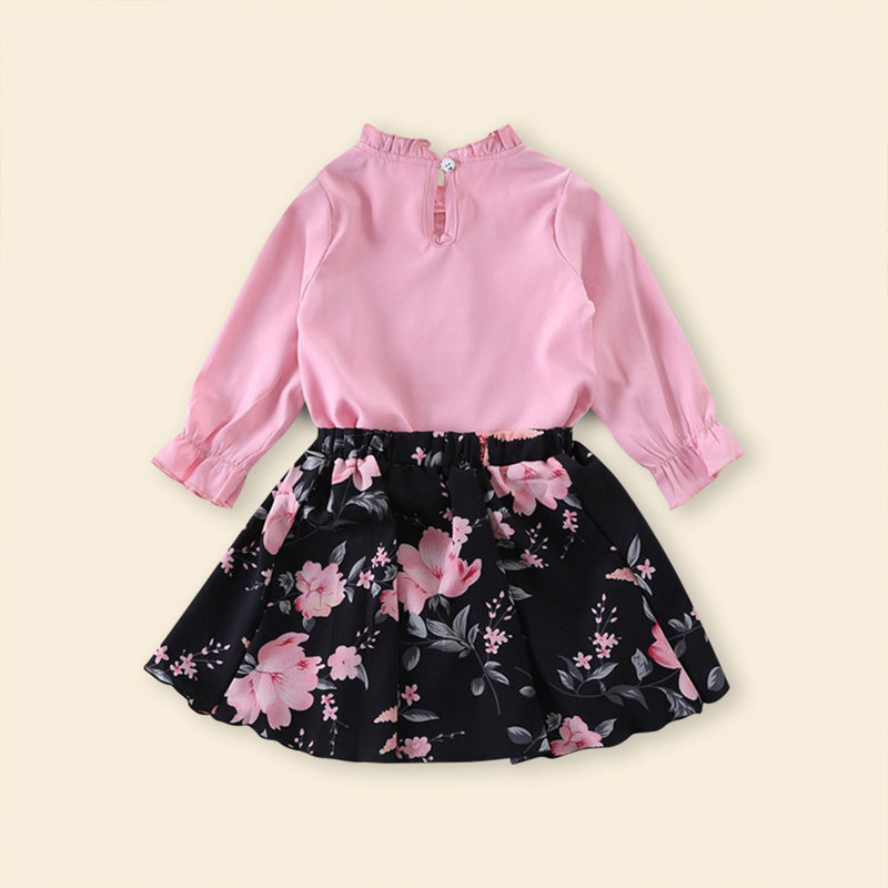 Girls Long Sleeve Frill Neck Top With Printed Skirt Sets   