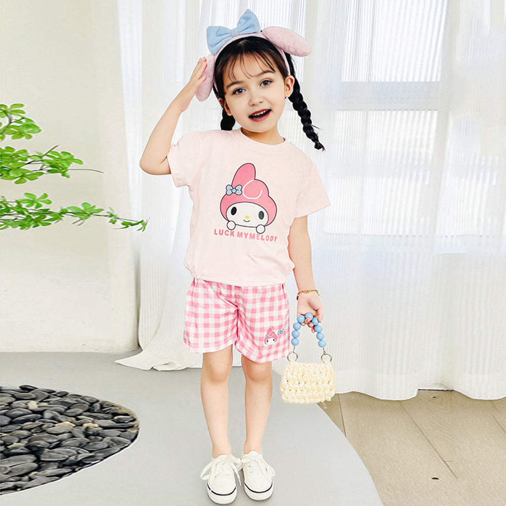 Girls Cartoon Graphic Top With Checked Shorts