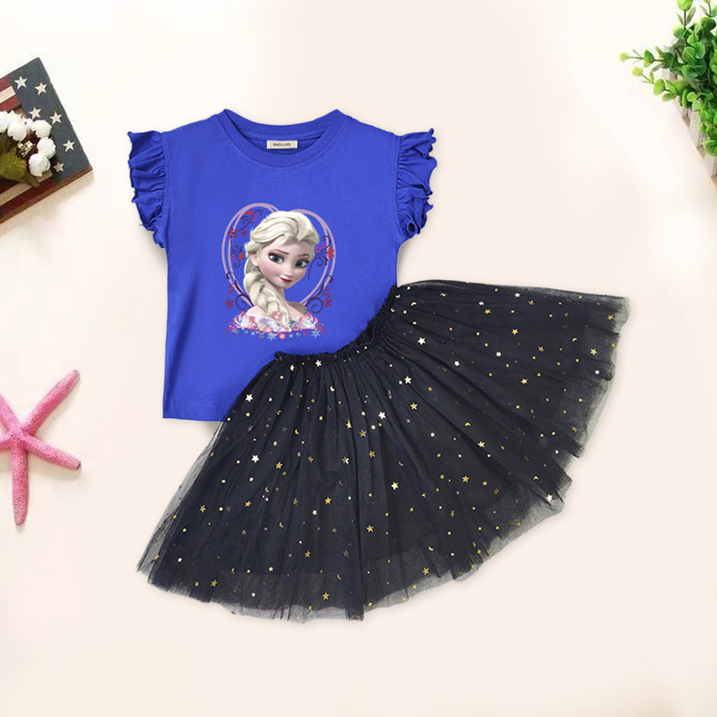 Girls Kindergarten Graphic Top With Star Print Skirts