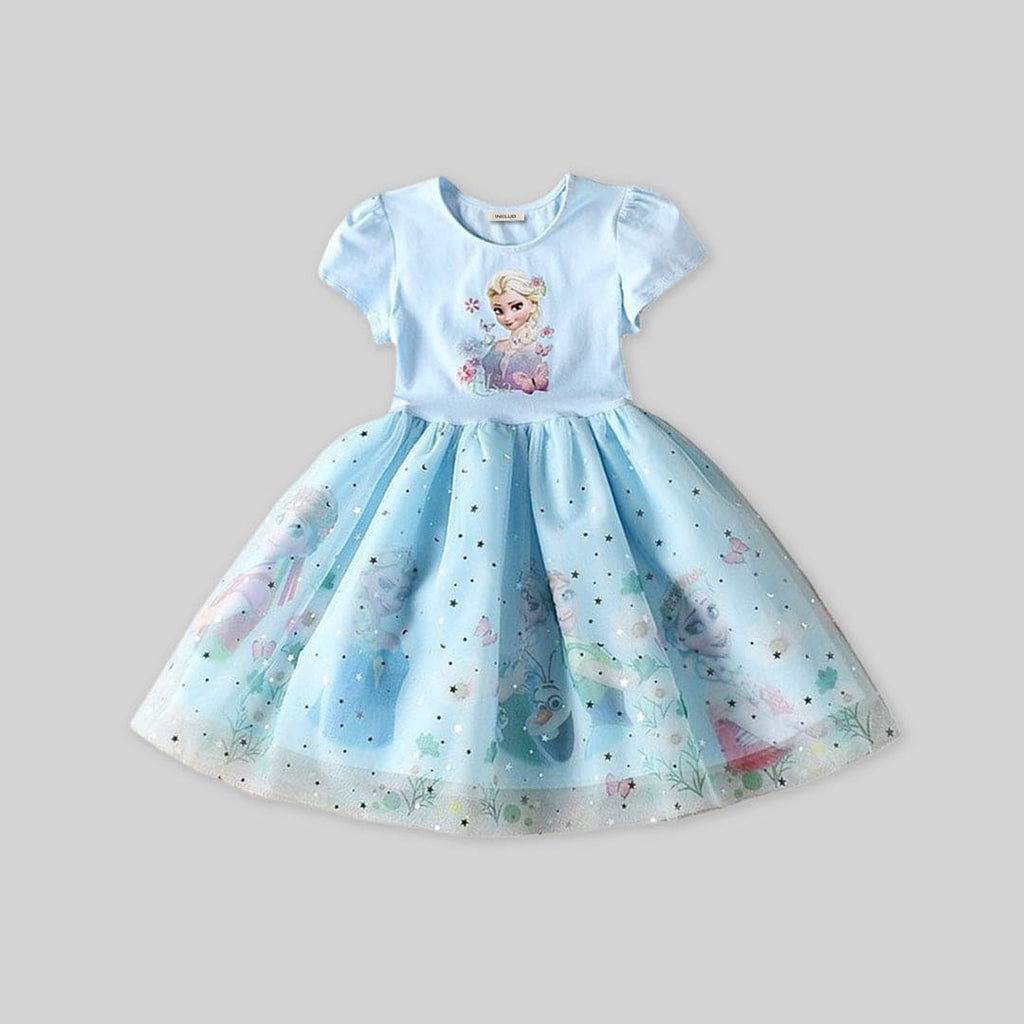 Girls Elsa Princess Short Sleeve Dress Casual Dresses   
