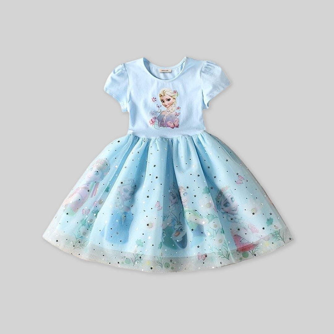 Girls Elsa Princess Short Sleeve Dress Casual Dresses   