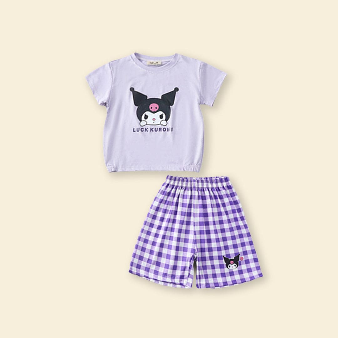 Girls Cartoon Graphic Top With Checked Shorts sets   