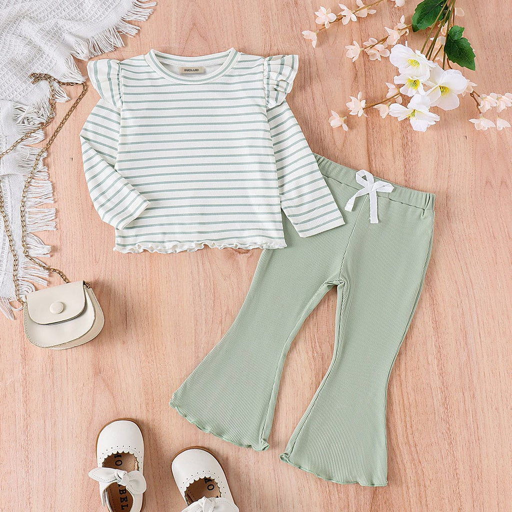 Girls Long Sleeve Green Striped T-Shirt With Flared Pants Set Sets Green 1-2 Y 