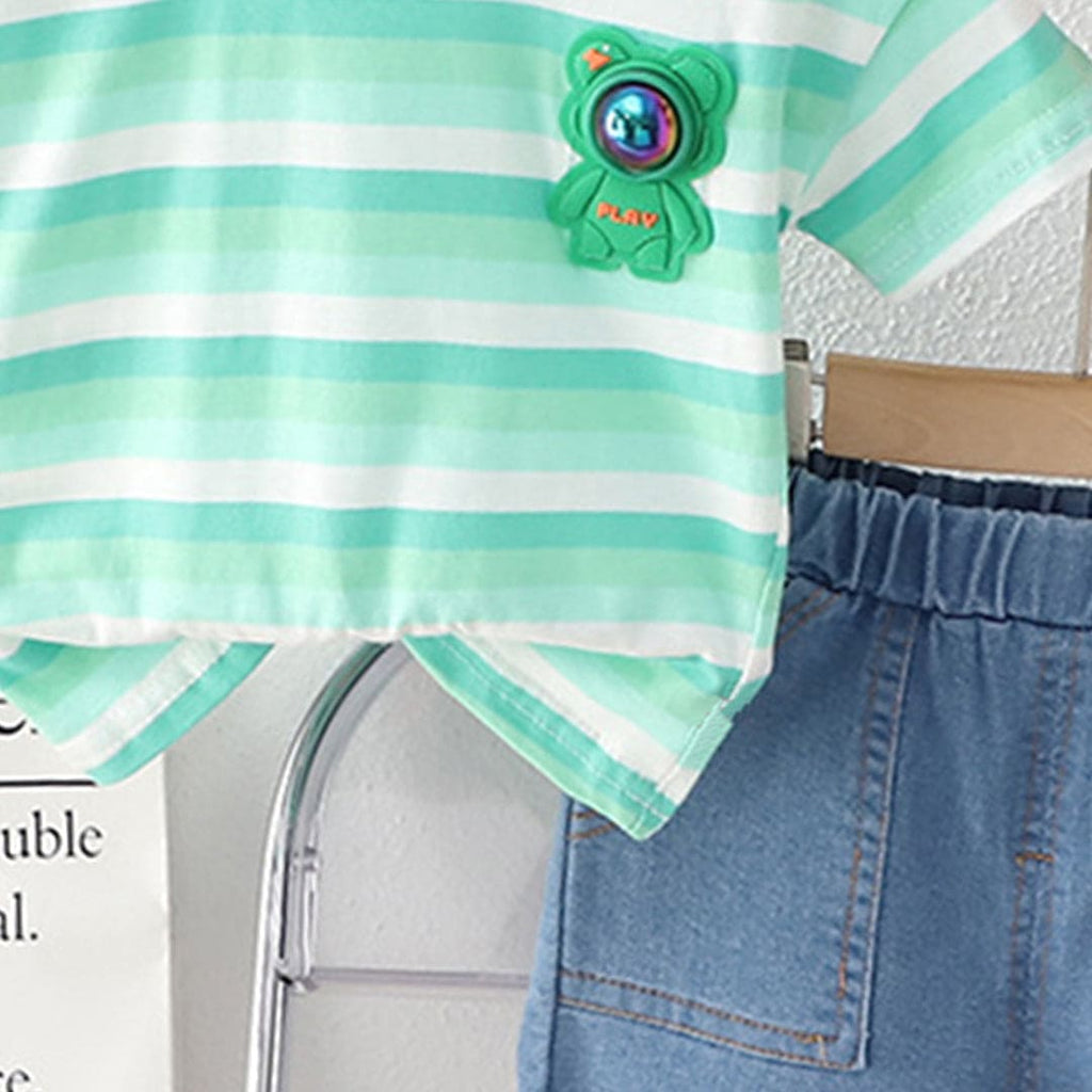 Boys Astronaut Badge Stripes T-Shirt & Denim Shorts Sets   
