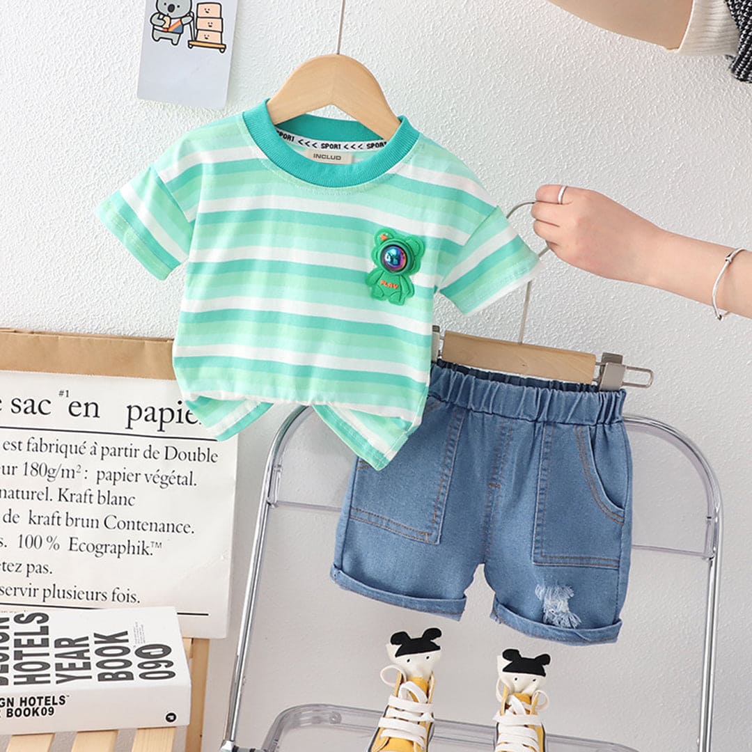 Boys Astronaut Badge Stripes T-Shirt & Denim Shorts Sets Green 1-2 Y 