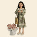 Girls Long Sleeve Floral Print Lace Collar Dress Casual Dresses Green 1-2 Y 
