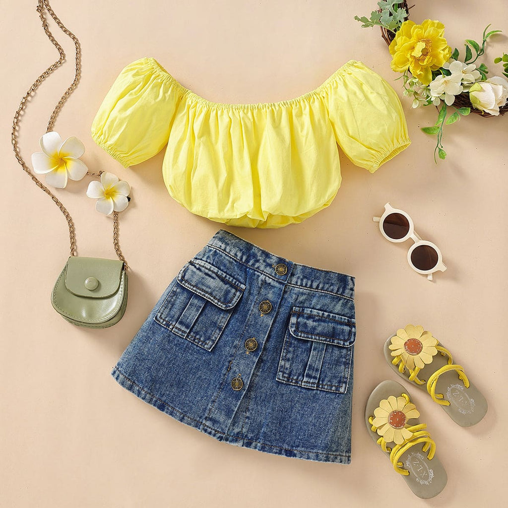 Girls Off-Shoulder Top with Denim Skirt Set Sets Yellow 4-5 Y