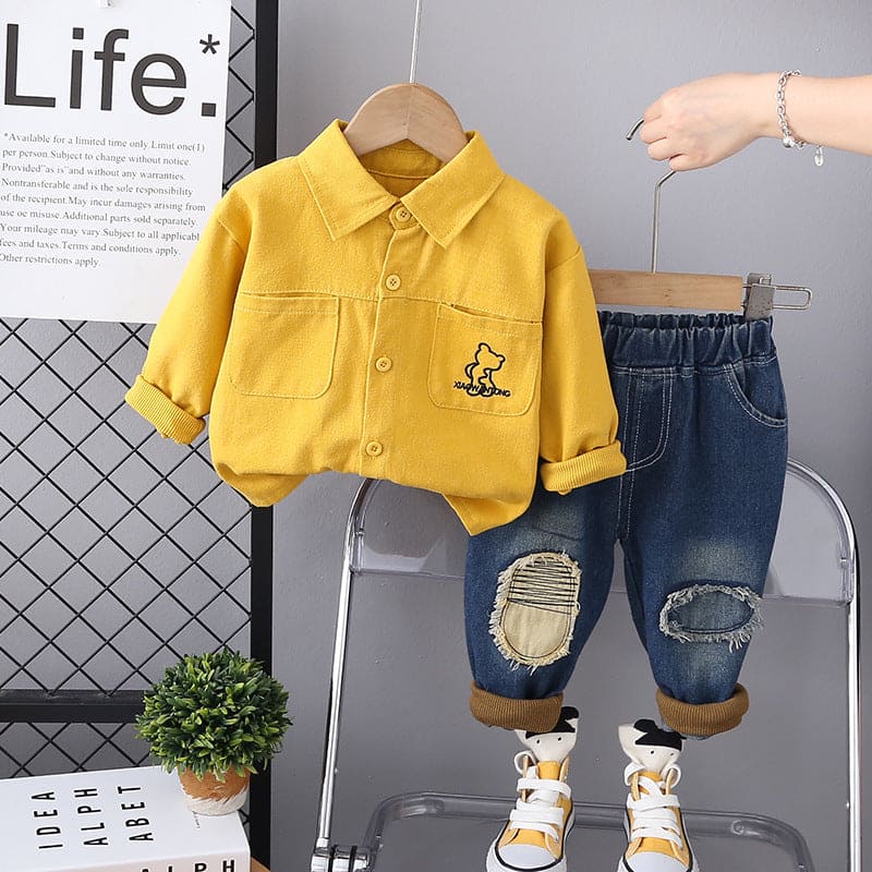 Boys Yellow Long Sleeves Shirt With Distress Denim Jeans Set Sets Yellow 1-2 Y 