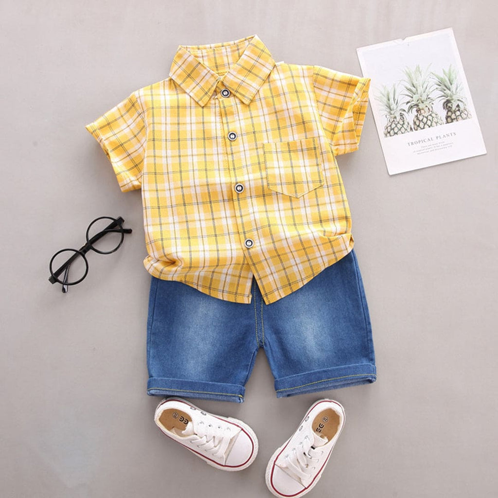 Boys Short Sleeve Checked Shirt With Denim Shorts Sets Yellow 1-2 Y 