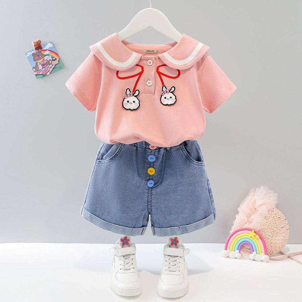 Girls Pink T-shirt with Denim Shorts Set Sets Pink 1-2 Y