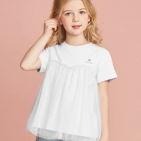 Girls Short Sleeve Mesh Detailed T-Shirt Tshirts White 1-2 Y 