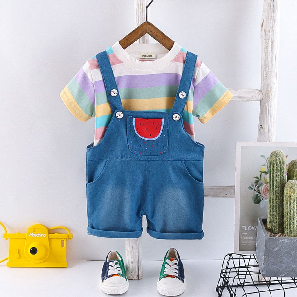 Boys Striped T-shirt With Denim Dungaree Set Sets Blue 1-2 Y 