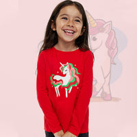 Girls Unicorn Print T-shirt Tshirts Red 1-2 Y 
