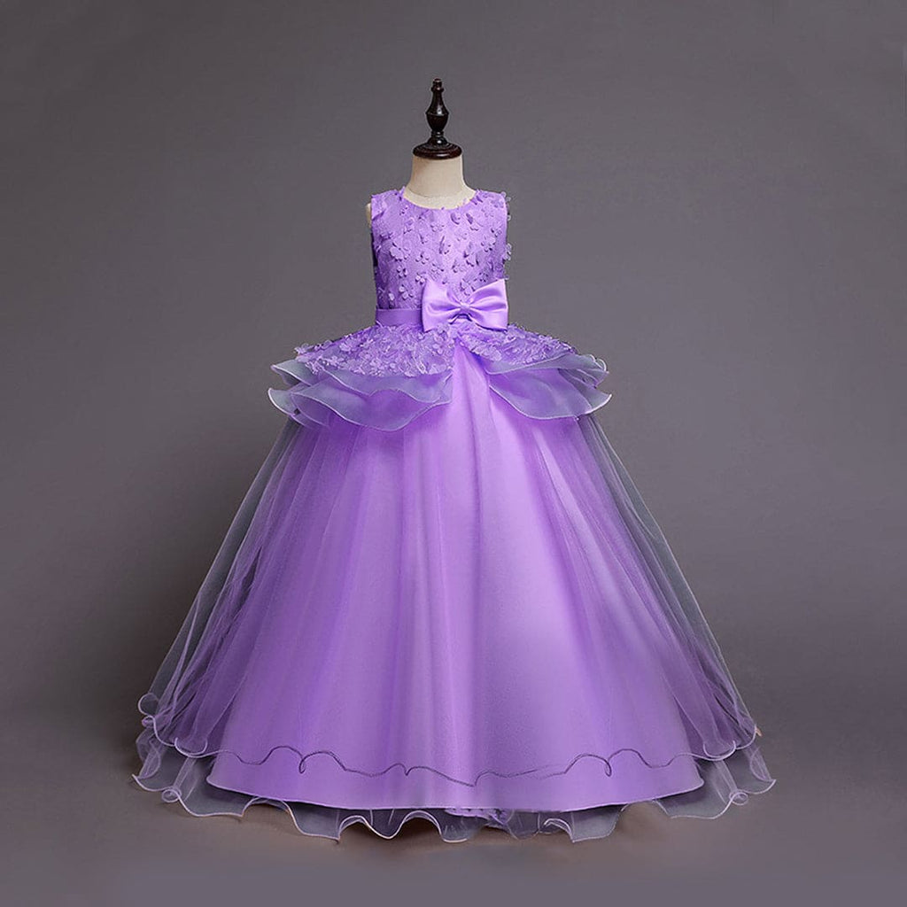 Girls Flower Applique Peplum Tulle Gown Casual Dresses Purple 6-7 Y 