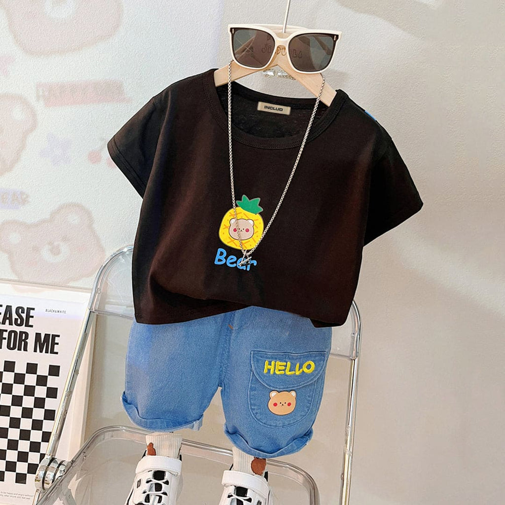 Boys Printed T-shirt with Denim Shorts Set Sets Black 1-2 Y 