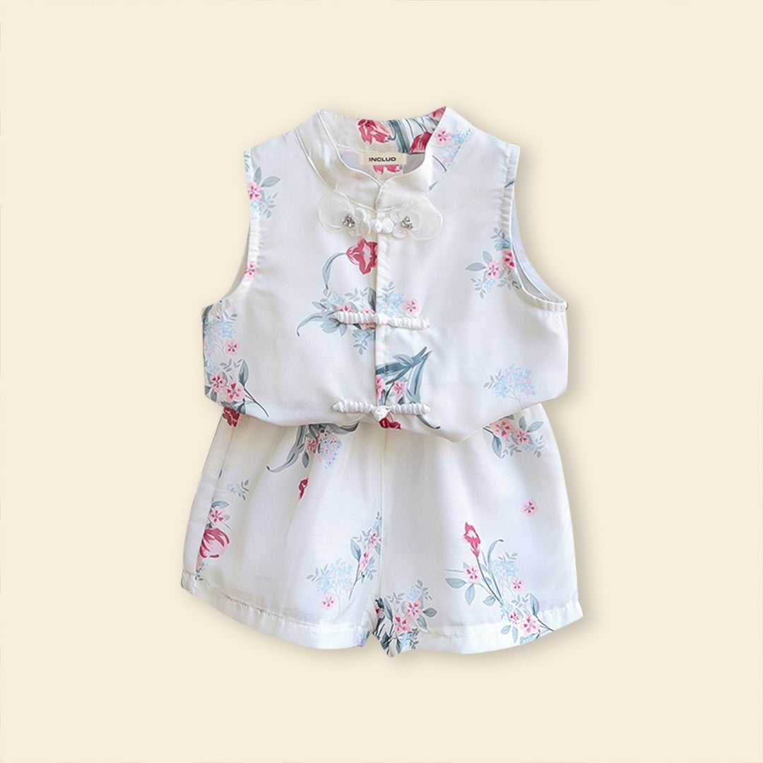 Girls Sleeveless Floral Print Top With Elasticated Shorts Sets   