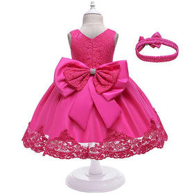 Girls Rose Red Bow Embellished Lace Partywear Dress With Headband Party Dresses Pink 1-2 Y 